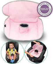 Load image into Gallery viewer, Pink seat protector with safety seal and crash test certification on a white background, child sitting in a car seat.