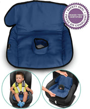 Load image into Gallery viewer, Blue seat protector with safety seal and crash test certification on a white background, child sitting in a car seat.