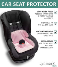 Load image into Gallery viewer, Car seat protector with pink interior on a white background, featuring Lynmark Kids branding and features.
