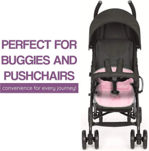 Load image into Gallery viewer, Black pushchair with pink seat cover on a white background, text 'Perfect for Buggies and Pushchairs'. Lynmark waterproof seat protector and pushchair