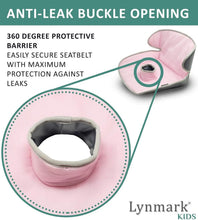 Load image into Gallery viewer, Pink waterproof seat cover with anti-leak buckle opening feature and Lynmark Kids branding.