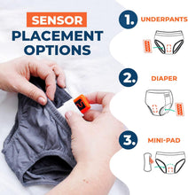 Load image into Gallery viewer, Hands placing a sensor inside the pants with diagram of sensor placement options.