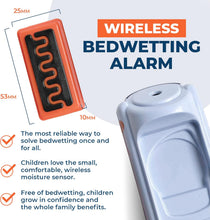 Load image into Gallery viewer, Wireless bedwetting alarm with dimensions and features listed on a white background