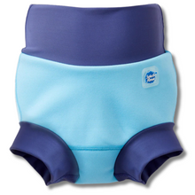Load image into Gallery viewer, Blue swimming shorts with a visible brand logo on a white background