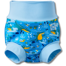 Load image into Gallery viewer, Blue children's swim short with crocodile pattern on a white background
