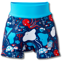 Load image into Gallery viewer, Children's swim shorts with ocean-themed design on a white background