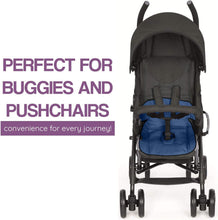 Load image into Gallery viewer, Black pushchair with blue seat cover on a white background, text 'Perfect for Buggies and Pushchairs'. Lynmark waterproof seat protector and pushchair