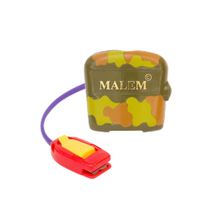 Load image into Gallery viewer, A camo-printed Malem MO3(8) body-worn alarm with a purple easy clip plate wire sensor attached.