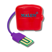 Load image into Gallery viewer, A red Malem MO3 bedwetting alarm with a flat plate sensor connected by a purple wire, against a white background.