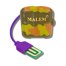Load image into Gallery viewer, A camo-printed Malem MO3(8) body-worn alarm with a purple flat plate wire sensor attached.