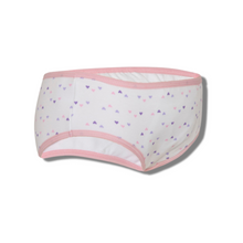 Load image into Gallery viewer, Pair of girls' pants with a built-in absorbent pad, featuring a multicolor dot pattern.