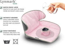 Load image into Gallery viewer, Pink seat  protector with waterproof layer being tested by pouring water, with text highlighting features.
