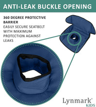 Load image into Gallery viewer, Blue waterproof seat cover with anti-leak buckle opening feature and Lynmark Kids branding.
