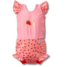 Load image into Gallery viewer, Pink children's swimsuit with strawberry design on a white background
