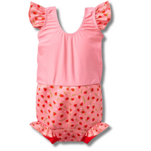 Load image into Gallery viewer, Pink children's swimsuit with strawberry pattern on a white background

