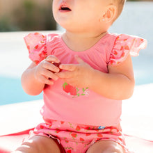 Load image into Gallery viewer, Baby wearing a pink outfit with strawberry pattern swimsuit
