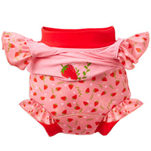 Load image into Gallery viewer, Pink swimsuit with strawberry pattern and red waistband on a white background
