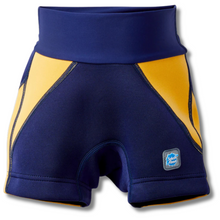 Load image into Gallery viewer, Navy and yellow swimming shorts with a brand logo on a white background
