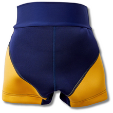 Load image into Gallery viewer, Blue and yellow shorts on a white background
