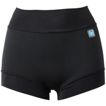 Load image into Gallery viewer, Black swimming shorts with  on a white background
