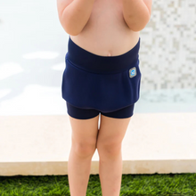 Load image into Gallery viewer, child wearing navy blue swim shorts 
