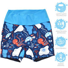 Load image into Gallery viewer, Children's swim shorts with ocean-themed design on a white background
