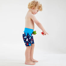 Load image into Gallery viewer, Child wearing colorful under the sea pattern swim shorts on a white background
