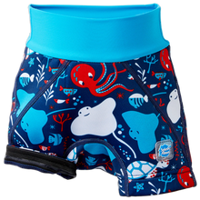 Load image into Gallery viewer, Children's swim shorts with ocean-themed design on a white background
