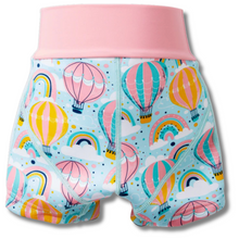 Load image into Gallery viewer, Children's swimming  shorts with hot air balloon pattern on a light blue background
