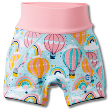 Load image into Gallery viewer, Children's swimming shorts with hot air balloon and rainbow pattern on a light blue background
